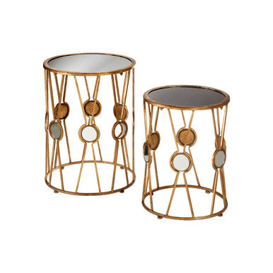 Set of 2 Black Glass Top and Gold Cross Design Rounded Side Tables with Mirror Detail, Faiza
