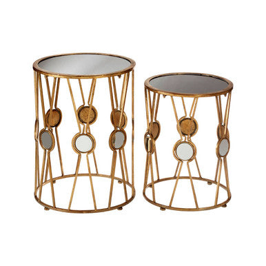 Set of 2 Black Glass Top and Gold Cross Design Rounded Side Tables with Mirror Detail, Faiza