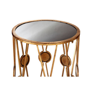 Set of 2 Black Glass Top and Gold Cross Design Rounded Side Tables with Mirror Detail, Faiza
