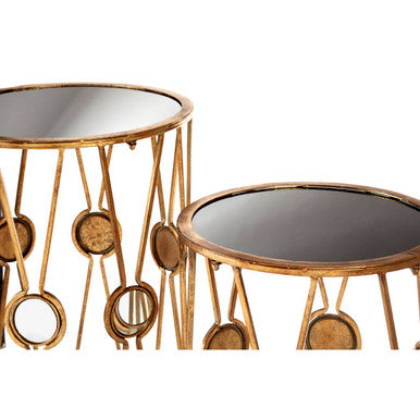 Set of 2 Black Glass Top and Gold Cross Design Rounded Side Tables with Mirror Detail, Faiza