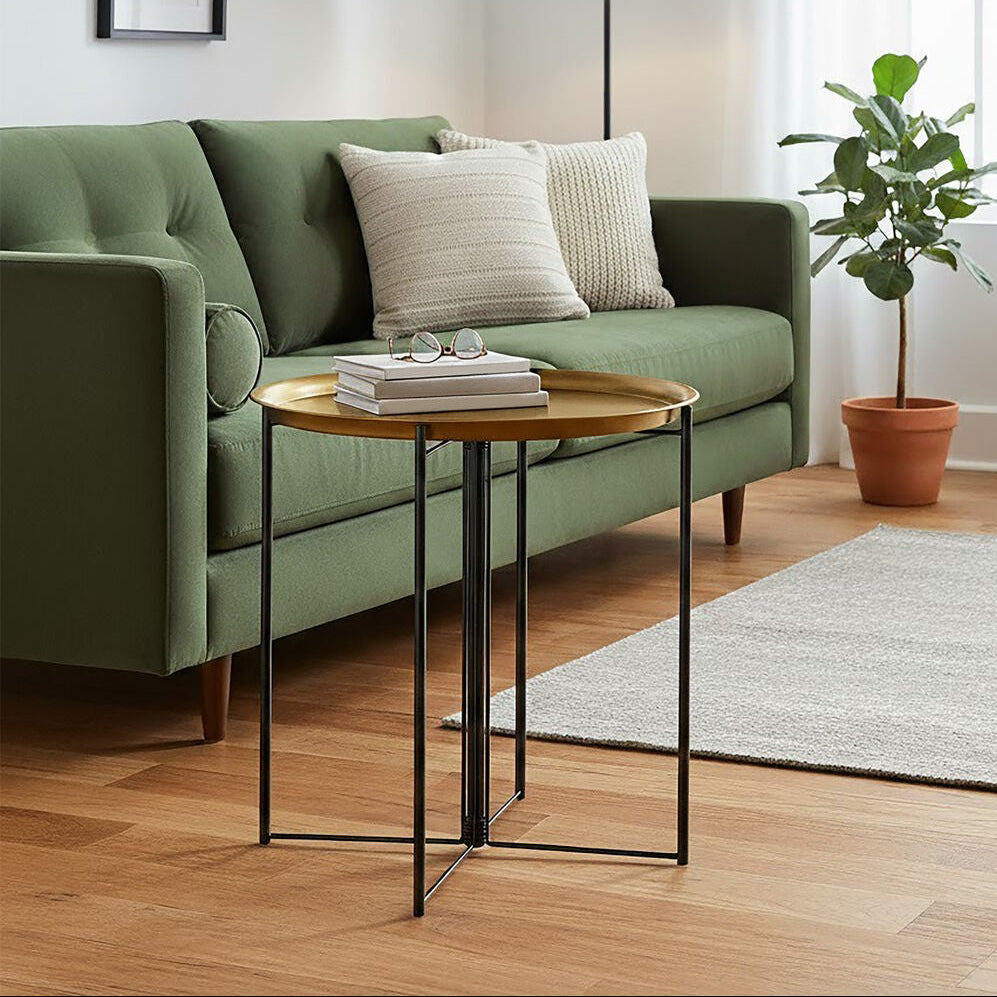 Large Brass Finish Tray Top and Black Metal Base Side Table, Hege