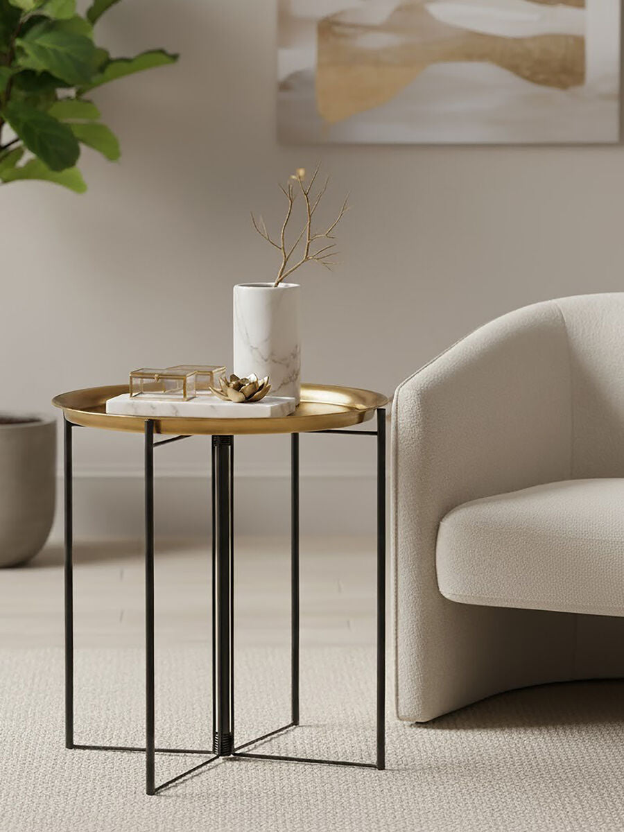 Large Brass Finish Tray Top and Black Metal Base Side Table, Hege