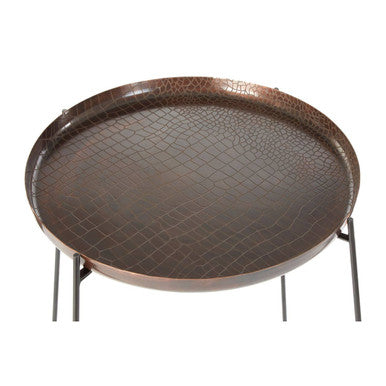 Crocodile Texture Copper Finish Top and Black Metal Base Round Side Table, Hege
