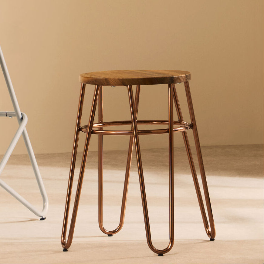 District Rose Gold Elm Wood Stool with Rose Gold Frame