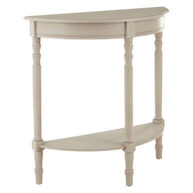 Half Moon Grey Putty Natural Wood Console Table with Bottom Shelf Storage and Carved Spindle Legs, Heritage