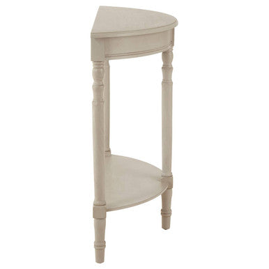 Half Moon Grey Putty Natural Wood Console Table with Bottom Shelf Storage and Carved Spindle Legs, Heritage