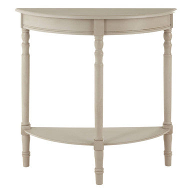Half Moon Grey Putty Natural Wood Console Table with Bottom Shelf Storage and Carved Spindle Legs, Heritage