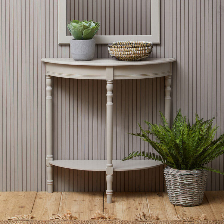 Half Moon Grey Putty Natural Wood Console Table with Bottom Shelf Storage and Carved Spindle Legs, Heritage