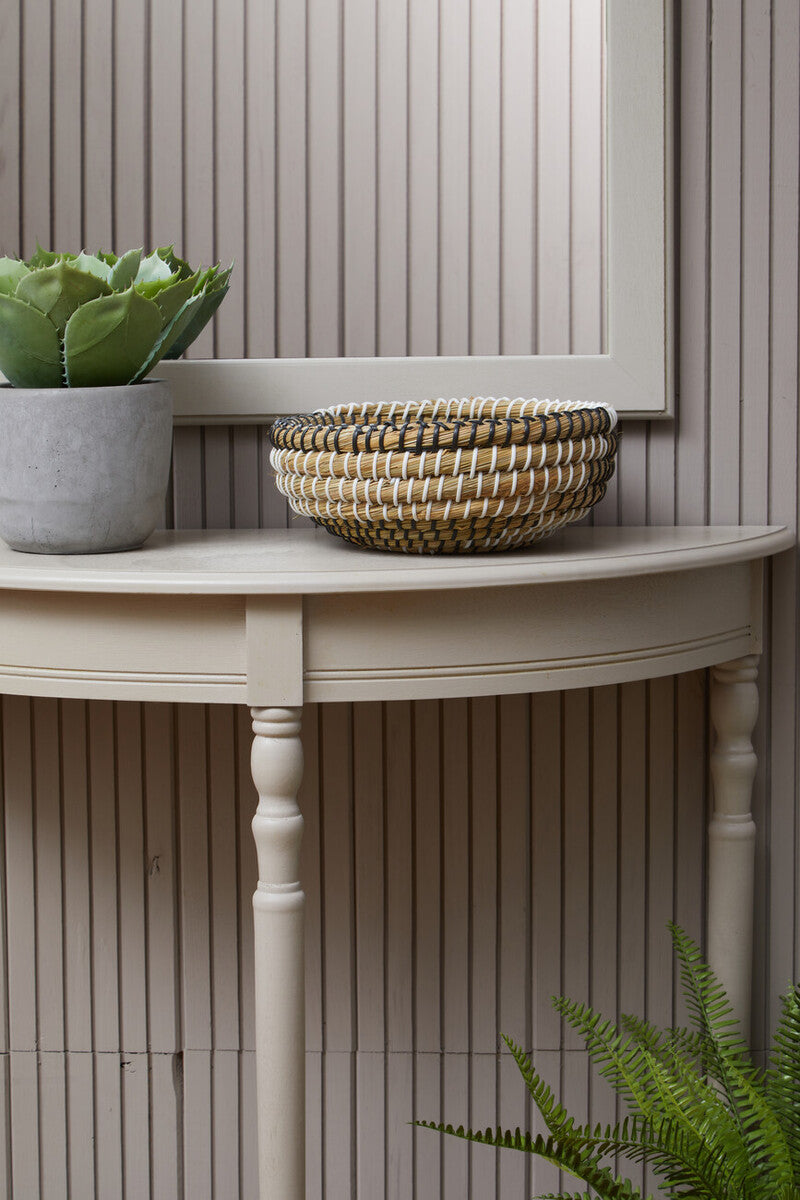 Half Moon Grey Putty Natural Wood Console Table with Bottom Shelf Storage and Carved Spindle Legs, Heritage
