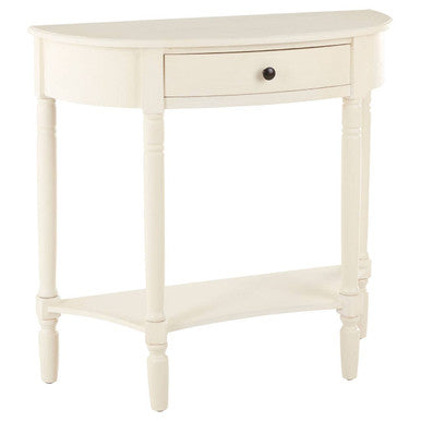 White Semi Circular Top Pine Wood One-Drawer Console Table with Lower Storage Shelf, Heritage