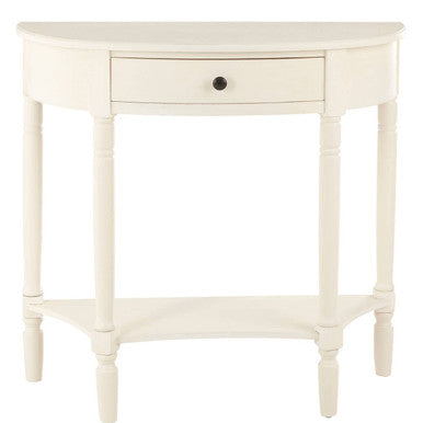 White Semi Circular Top Pine Wood One-Drawer Console Table with Lower Storage Shelf, Heritage