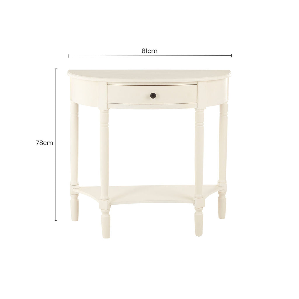 White Semi Circular Top Wooden One-Drawer Console Table with Lower Storage Shelf | Heritage