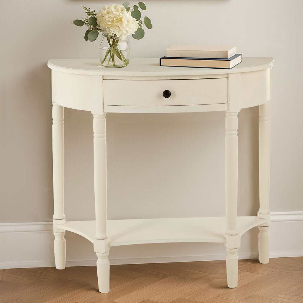 White Semi Circular Top Wooden One-Drawer Console Table with Lower Storage Shelf | Heritage