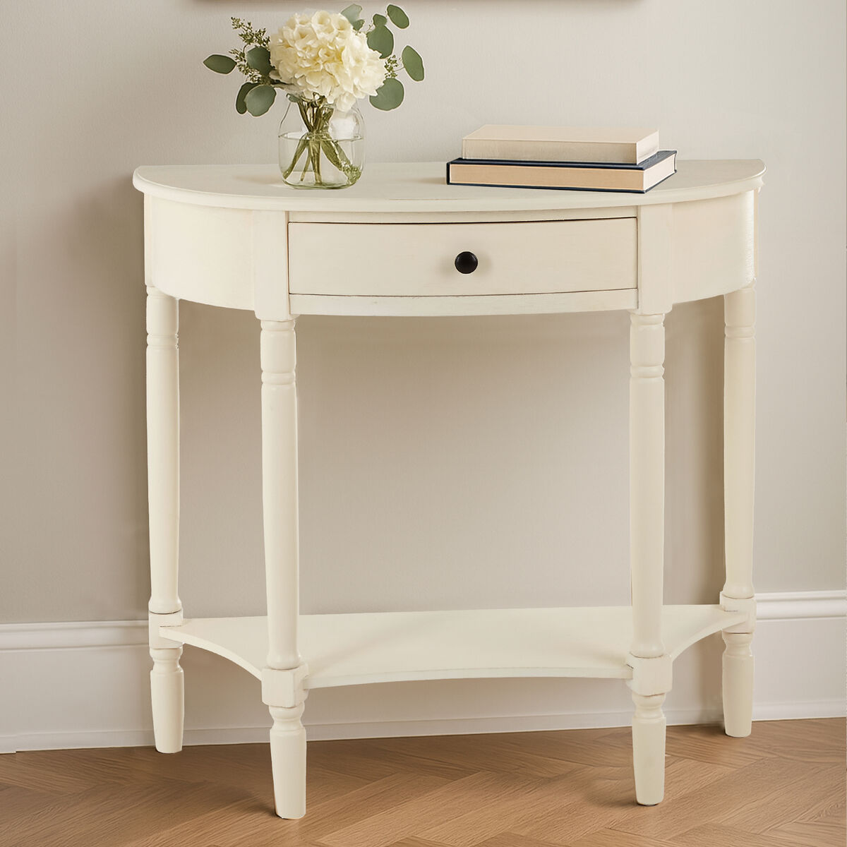 White Semi Circular Top Pine Wood One-Drawer Console Table with Lower Storage Shelf, Heritage