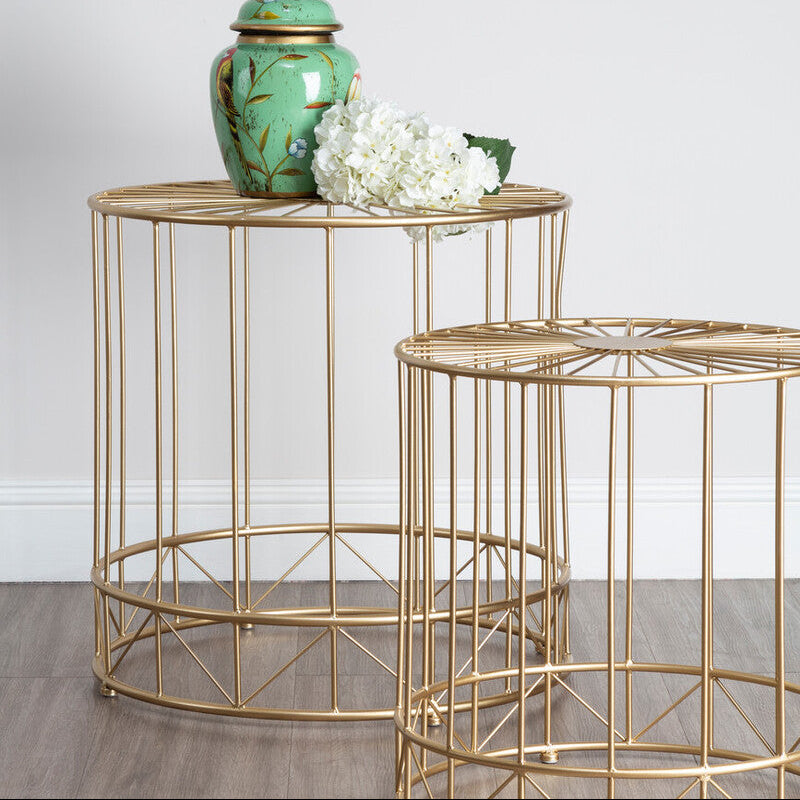 Gold Sunburst Tops Design Side Tables with Gold Meta Frame, Lexi