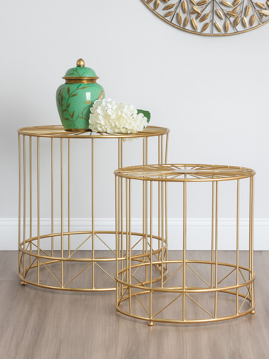 Gold Sunburst Tops Design Side Tables with Gold Meta Frame, Lexi