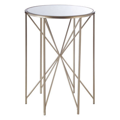 Round Mirrored Side Table with Champagne Geometric Base, Arcana