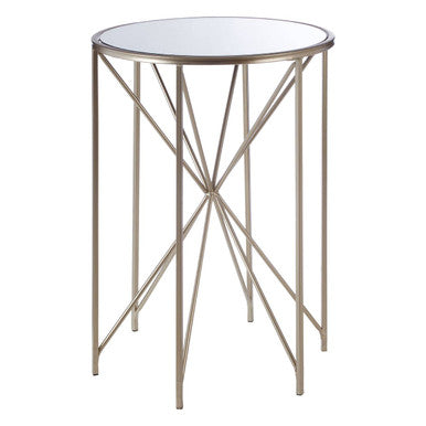 Round Mirrored Side Table with Champagne Geometric Base, Arcana