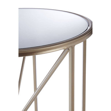 Round Mirrored Side Table with Champagne Geometric Base, Arcana