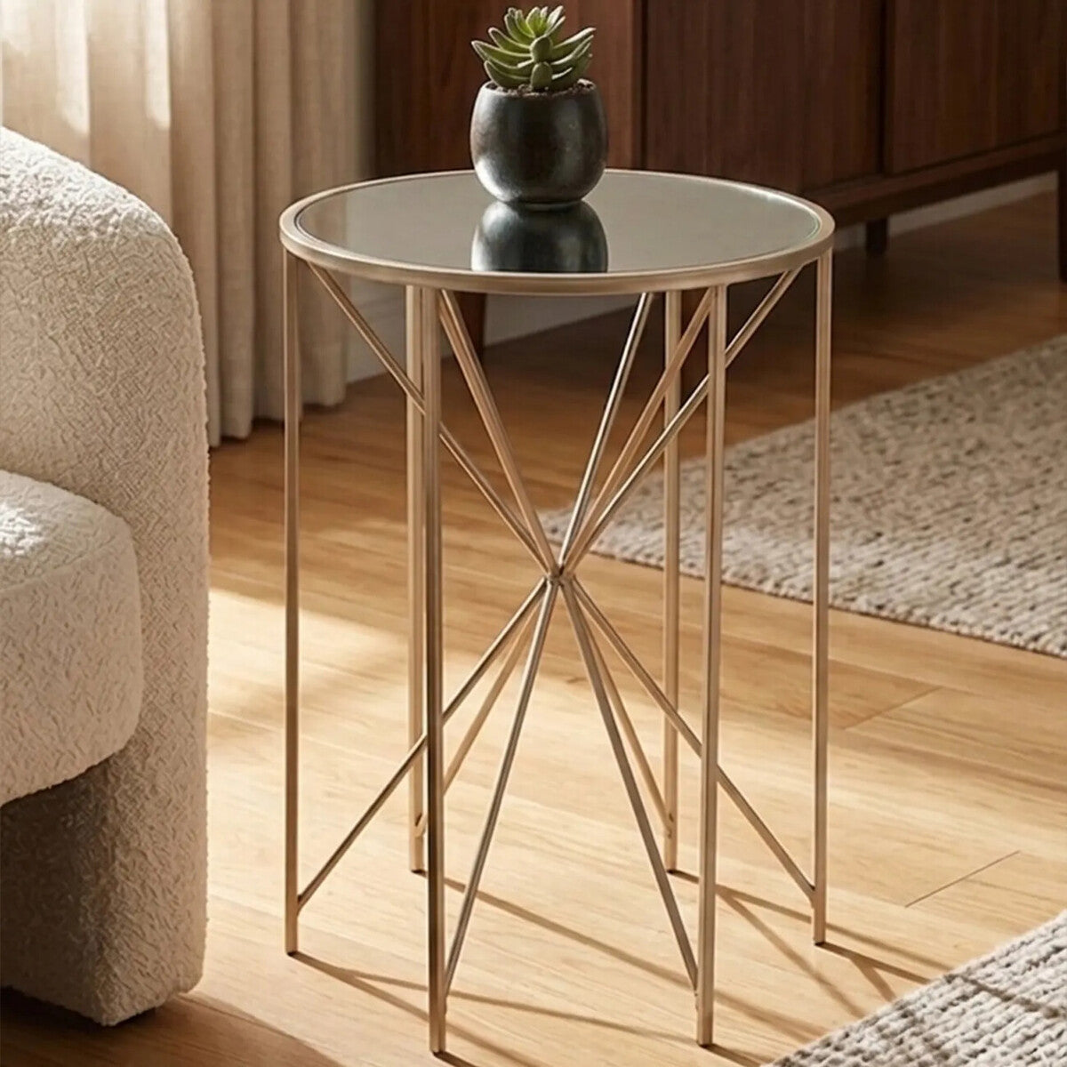 Round Mirrored Side Table with Champagne Geometric Base, Arcana