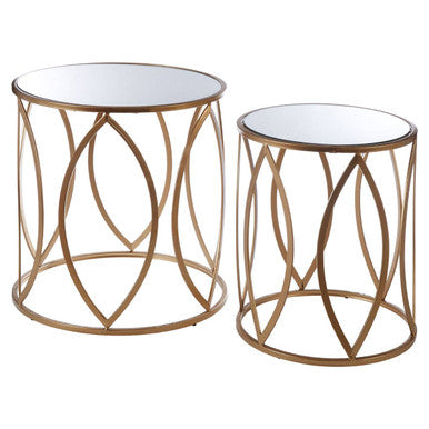 Set of 2 Gold Finish Metal Frame and Mirrored Top Side Tables, Arcana