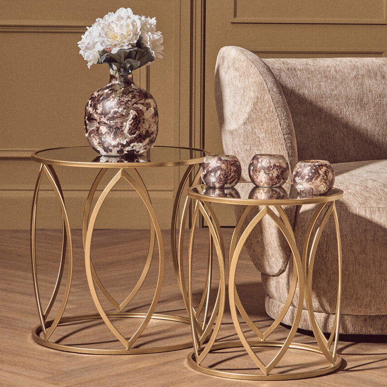 Set of 2 Gold Finish Metal Frame and Mirrored Top Side Tables, Arcana