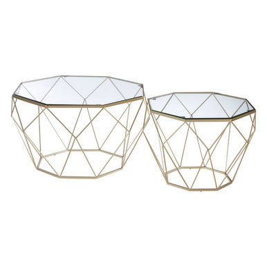 Set of 2 Gold Finish Geometric Design Side Tables with Tempered Glass Top, Arcana