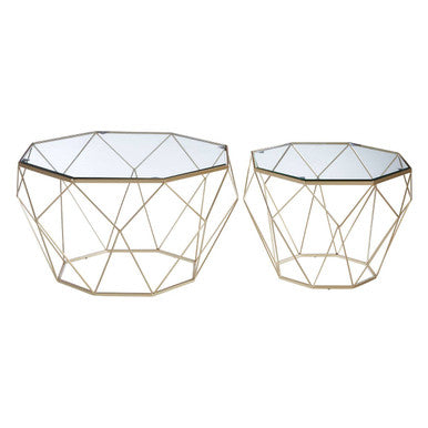 Set of 2 Gold Finish Geometric Design Side Tables with Tempered Glass Top, Arcana