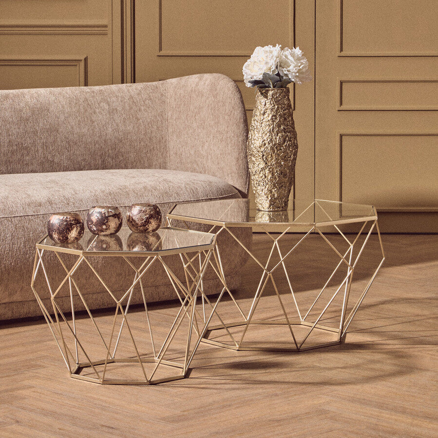 Set of 2 Gold Finish Geometric Design Side Tables with Tempered Glass Top, Arcana