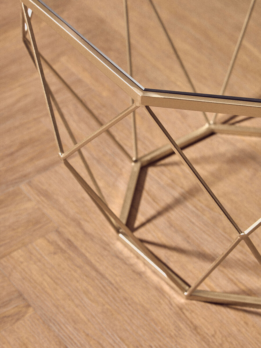 Set of 2 Gold Finish Geometric Design Side Tables with Tempered Glass Top, Arcana