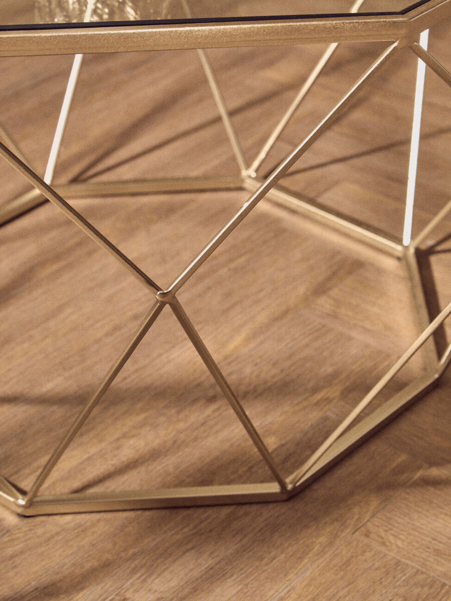 Set of 2 Gold Finish Geometric Design Side Tables with Tempered Glass Top, Arcana