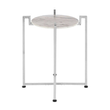 White Marble Top Side Table with Angular Chrome Metal Frame, Cibal