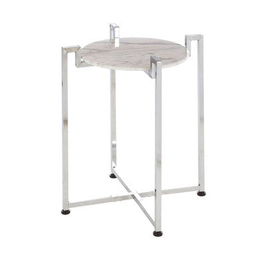 White Marble Top Side Table with Angular Chrome Metal Frame, Cibal