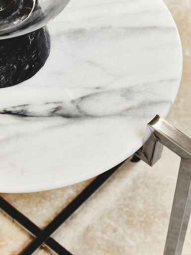 White Marble Top Side Table with Angular Chrome Metal Frame, Cibal