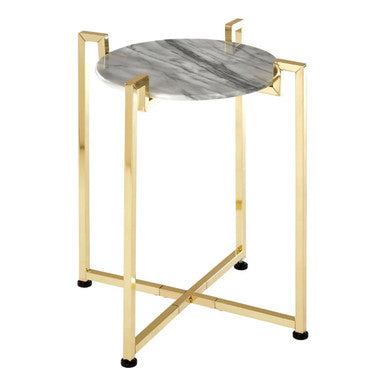 White Marble Top Side Table with Angular Gold Finish Metal Frame, Cibal