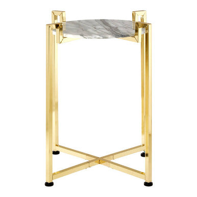 White Marble Top Side Table with Angular Gold Finish Metal Frame, Cibal