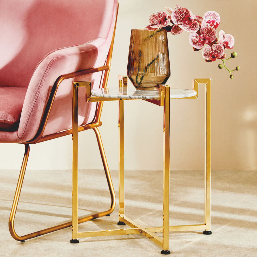 White Marble Top Side Table with Angular Gold Finish Metal Frame, Cibal