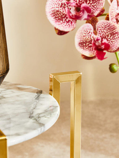 White Marble Top Side Table with Angular Gold Finish Metal Frame, Cibal