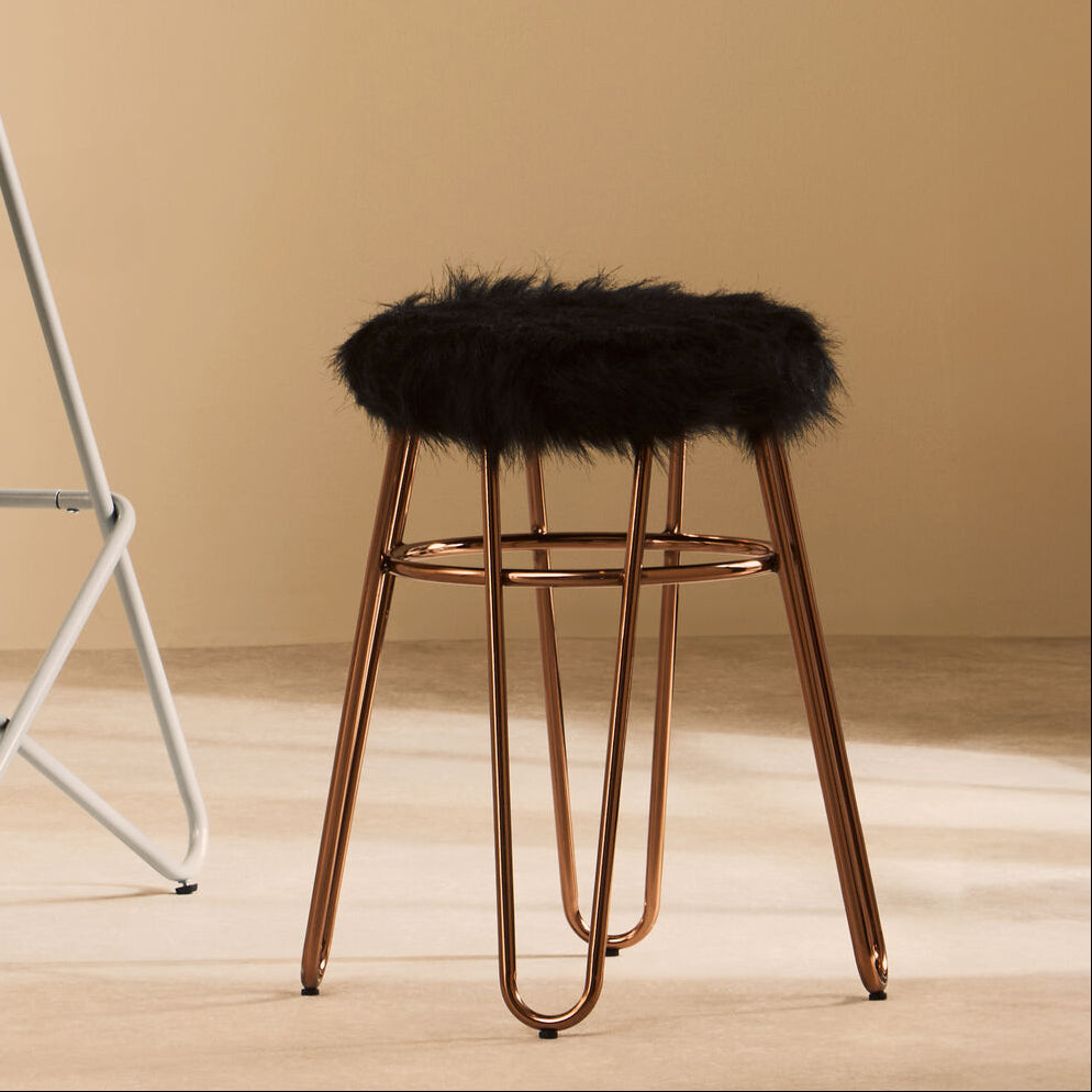 District Faux Fur Rose Gold Finish Stool