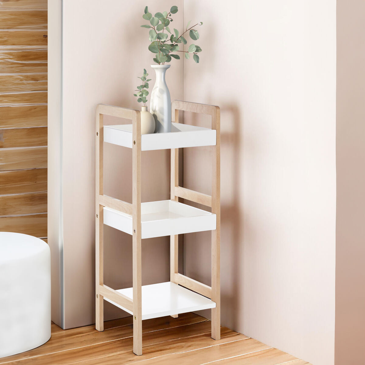 3 Tier  Bathroom Shelf Unit With Birchwood Frame | Arla