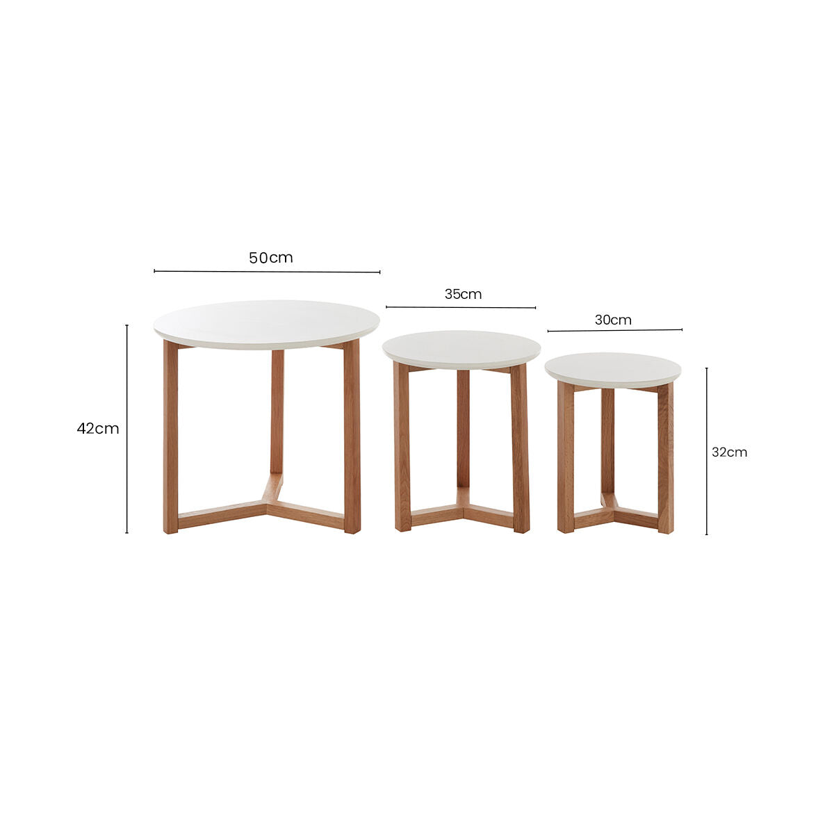 Set of 3 Natural Base Side Tables with White Tops, Nostra