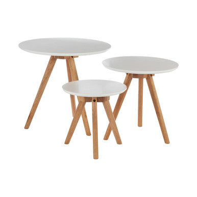 Set of 3 White MDF Top Side Tables with Natural Tapered Legs | Nostra