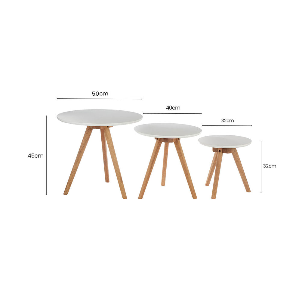 Set of 3 White MDF Top Side Tables with Natural Tapered Legs | Nostra