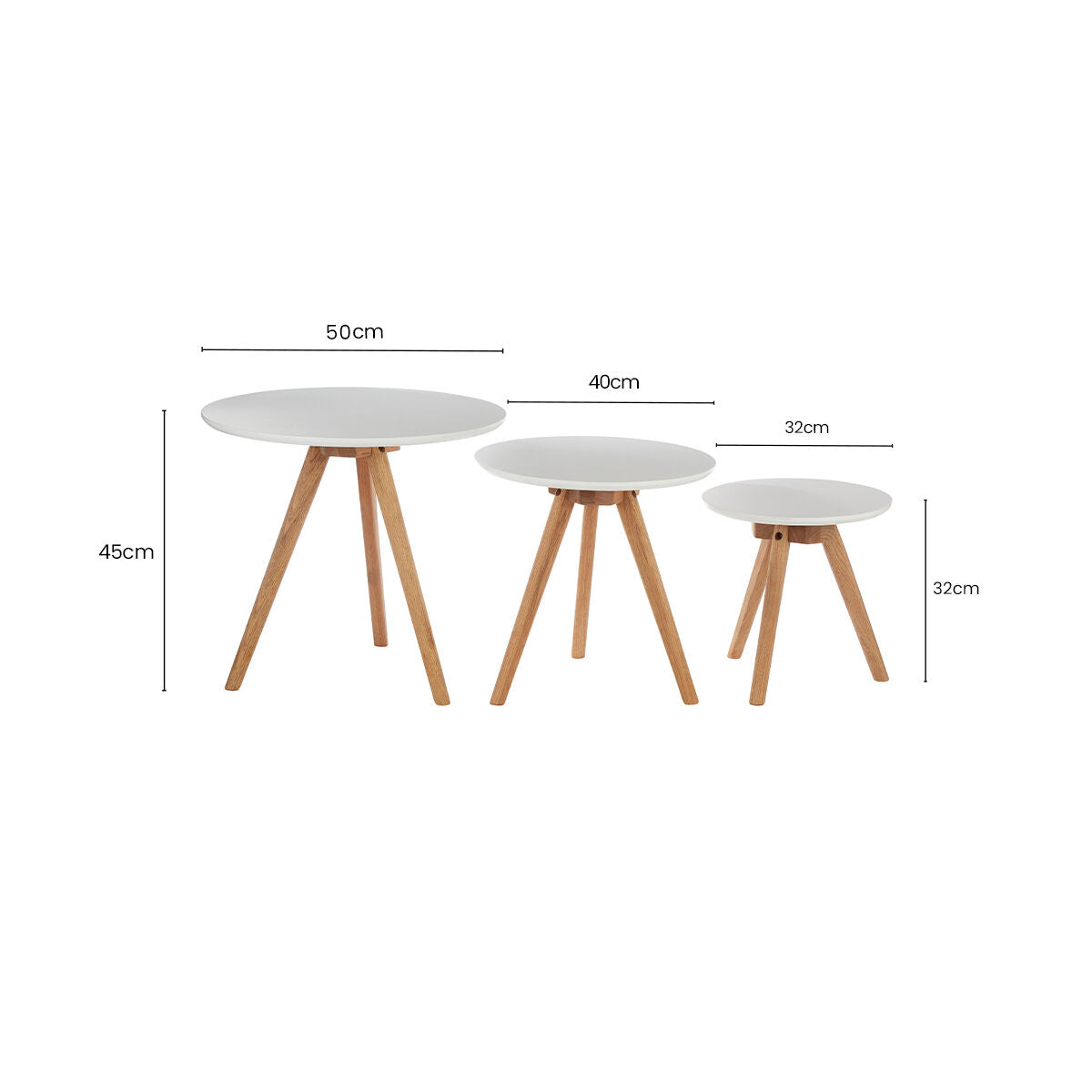 Set of 3 White MDF Top Side Tables with Natural Tapered Legs | Nostra