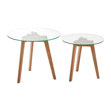 Set of 2 Clear Glass Top Side Tables with Oak Wood Base, Nostra