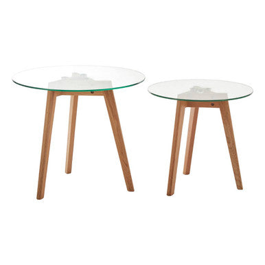 Set of 2 Clear Glass Top Side Tables with Oak Wood Base, Nostra