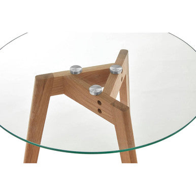 Set of 2 Clear Glass Top Side Tables with Oak Wood Base, Nostra