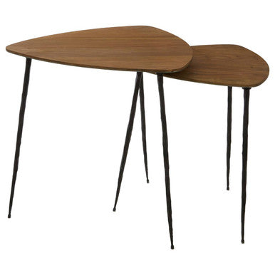 Set of 2 Brown Wooden Nesting Side Tables with Iron Legs, Gamelan