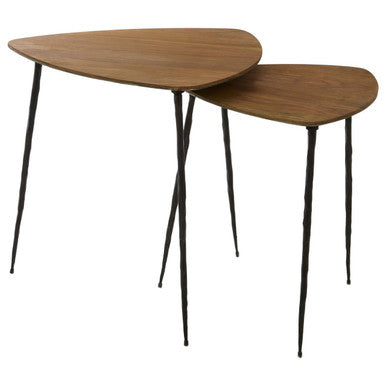 Set of 2 Brown Wooden Nesting Side Tables with Iron Legs, Gamelan