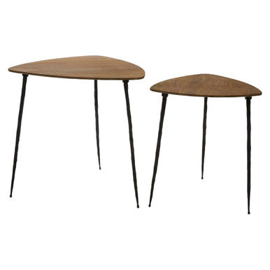 Set of 2 Brown Wooden Nesting Side Tables with Iron Legs, Gamelan